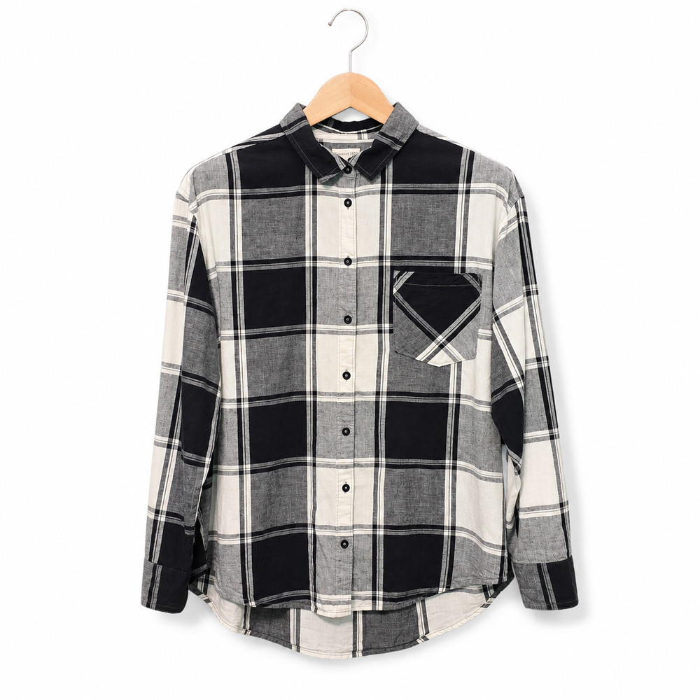 Garnet Hill Top Womens Size 12 Black White Gray Plaid Button Front 100% Cotton